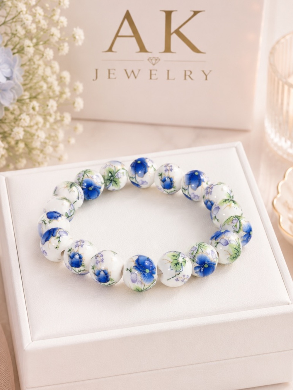 💎 Floral Green & Blue Porcelain Beaded Stretch Bracelet – Romantic Cottage Chic